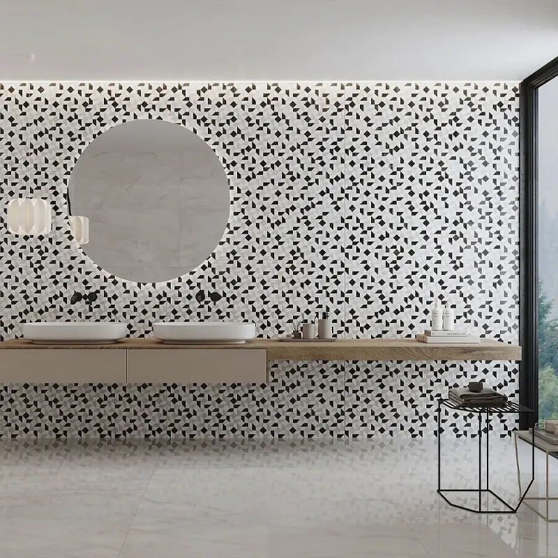 Bonita zona com azulejos brancos e pretos de estilo minimalista