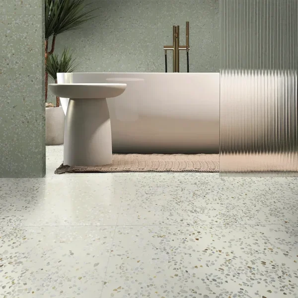 Chuveiro moderno com azulejo em tarrazzo verde vibrante