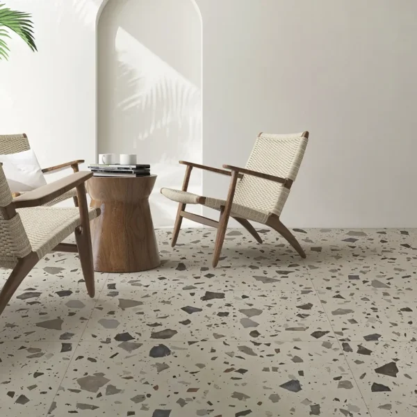 Tarrazzo com azulejo para sala de estar, criando um ambiente acolhedor