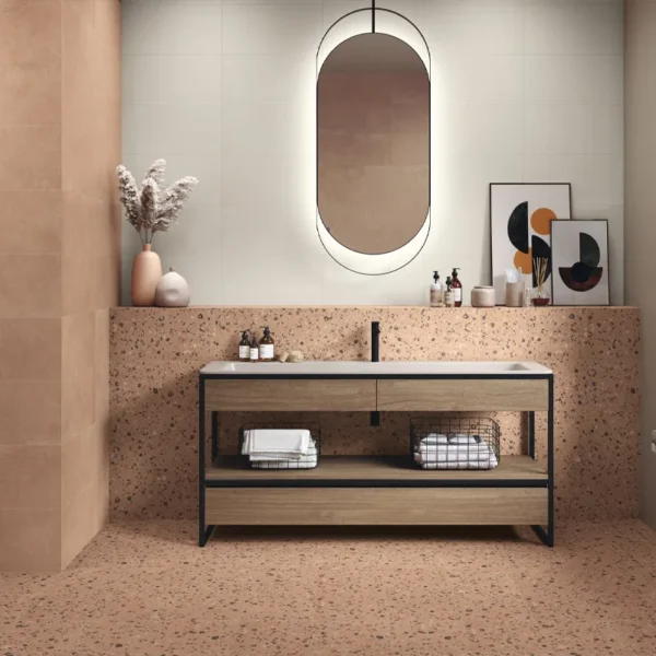 foto de azulejos 30x30 em cores quentes combinando diferentes designs para criar dinamismo no espaço.