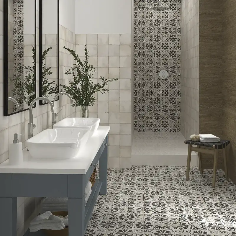 Ambiente com azulejos para casas de banho rústicas com detalhes