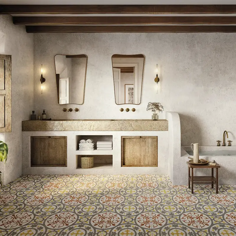 Área com aspeto relaxante com azulejos para casas de banho rústicas