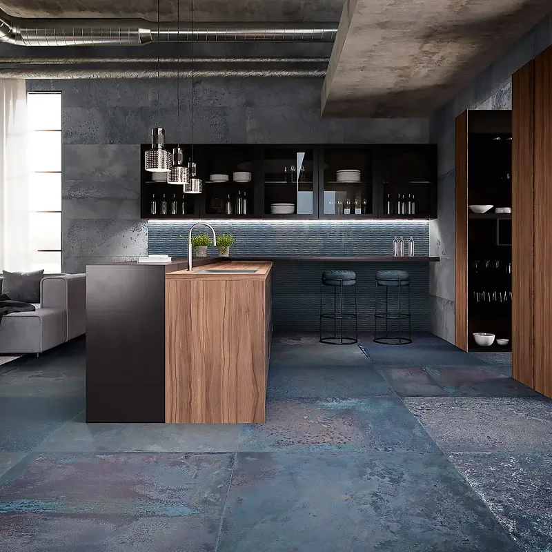 Foto de cozinha com azulejo azul criando um estilo elegante e moderno