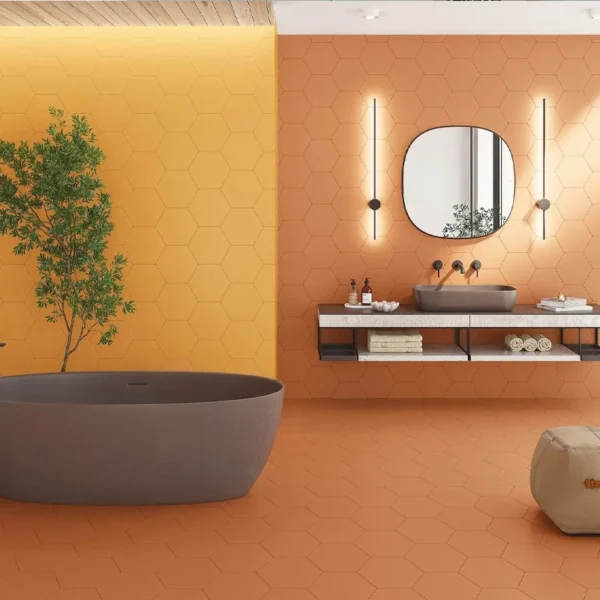 Decoração de chão e parede laranja com azulejo