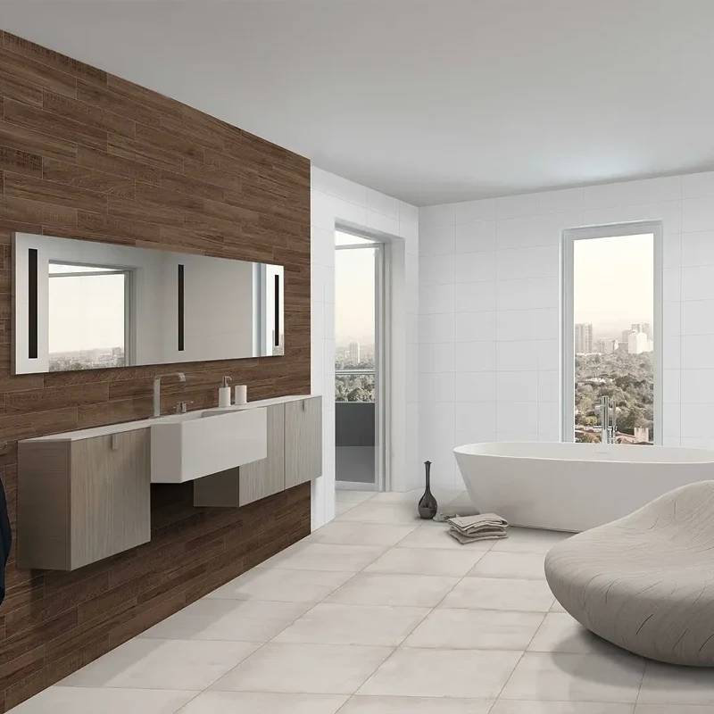 decoração que conta com azulejo imitação madeira para destacar uma parede em betão