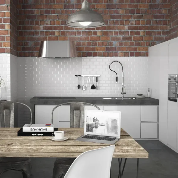 ambiente de design industrial combinado com azulejo branco em acabamento biselado