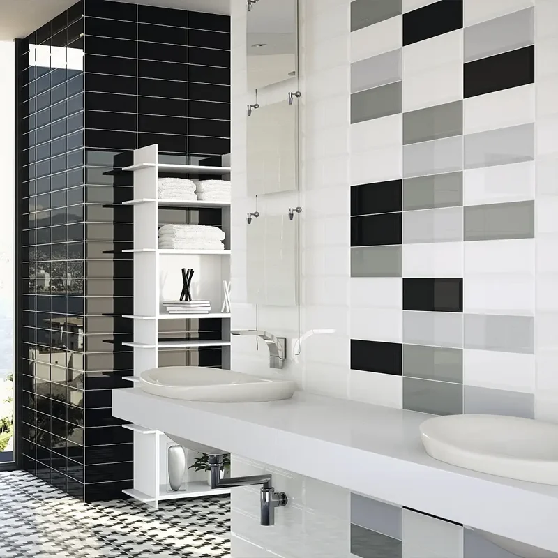 combinação de azulejo metro branco com forma retangular com outras cores criando um acabamento retro