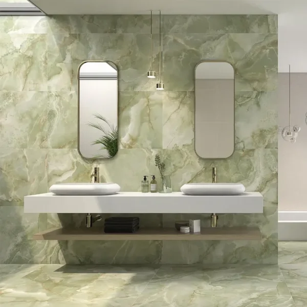 Lavabo bonito com azulejos verdes