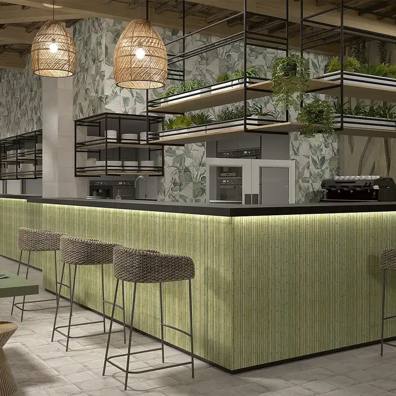 Foto de azulejo verde para cozinha integrado para conseguir um ambiente moderno e fresco