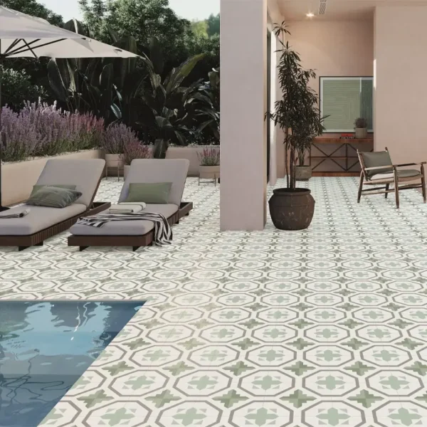 ambiente com um azulejo original de estilo sulista cor verde claro