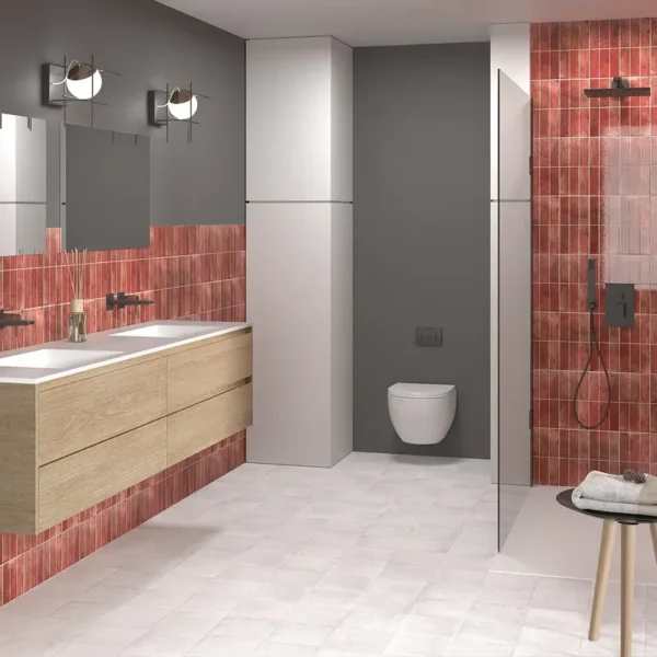 Ambiente para casa de banho e duche com azulejo vermelho
