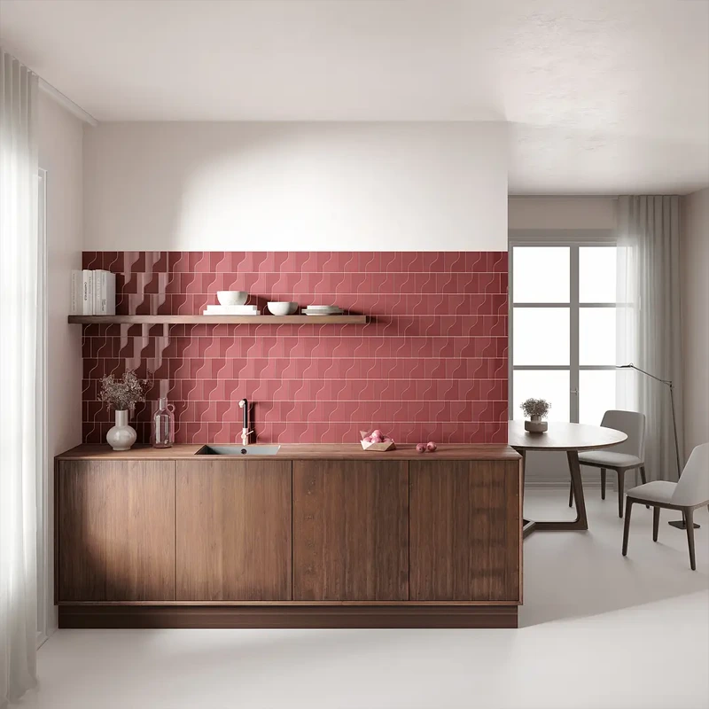 Bela cozinha com azulejo vermelho