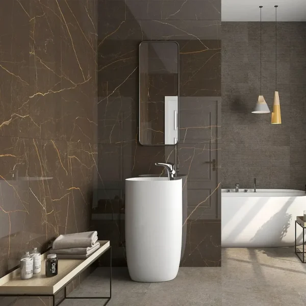 Alucinante casa de banho com azulejos castanhos para criar um ambiente relaxante