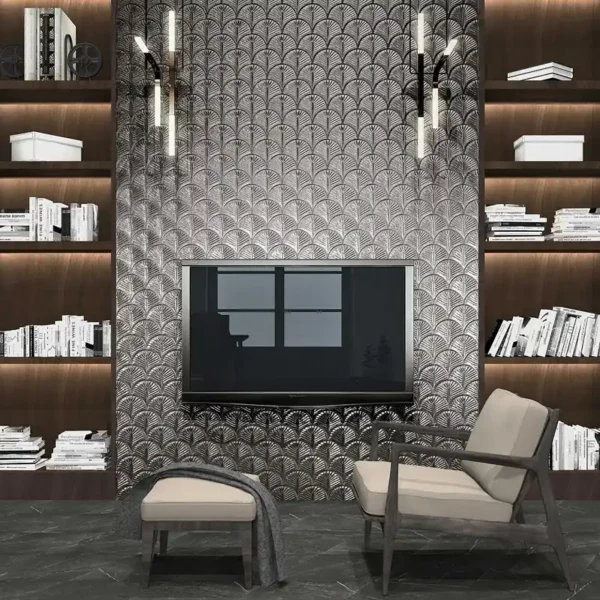 azulejos escama de sereia aplicados para criar um ambiente clássico e formal, com um contraponto moderno.