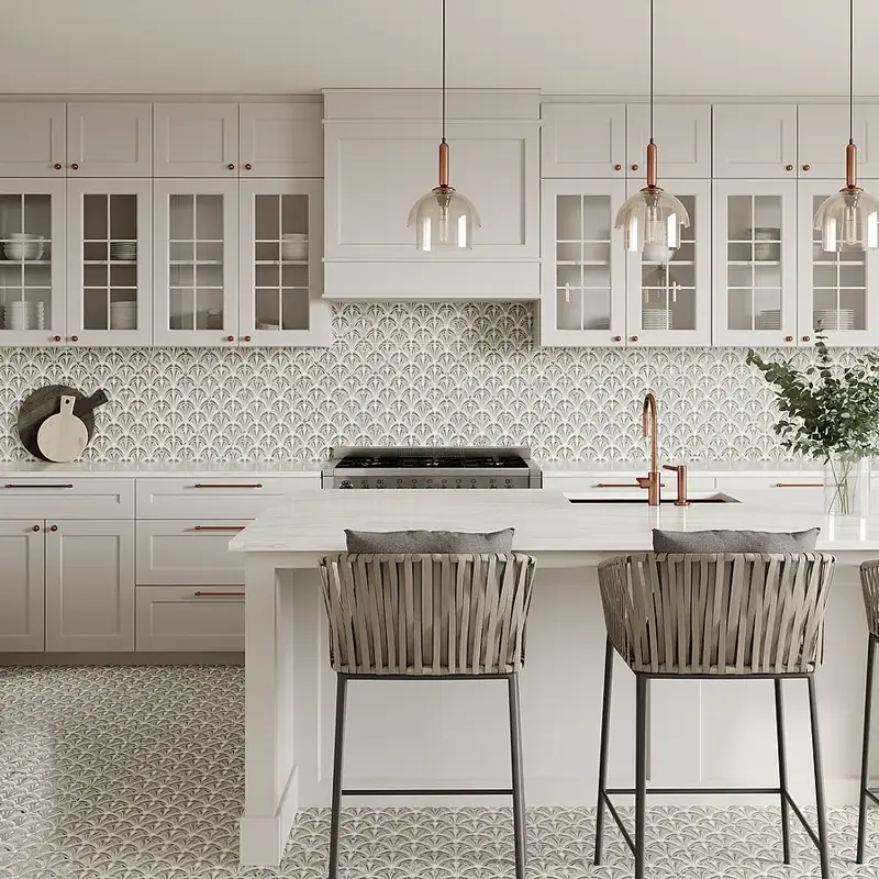 Mosaico na parede da cozinha em forma de escama de peixe com efeito 3D