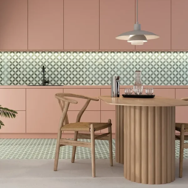 foto de combinação original de azulejos para cozinha moderna em rosa, cinza e madeira
