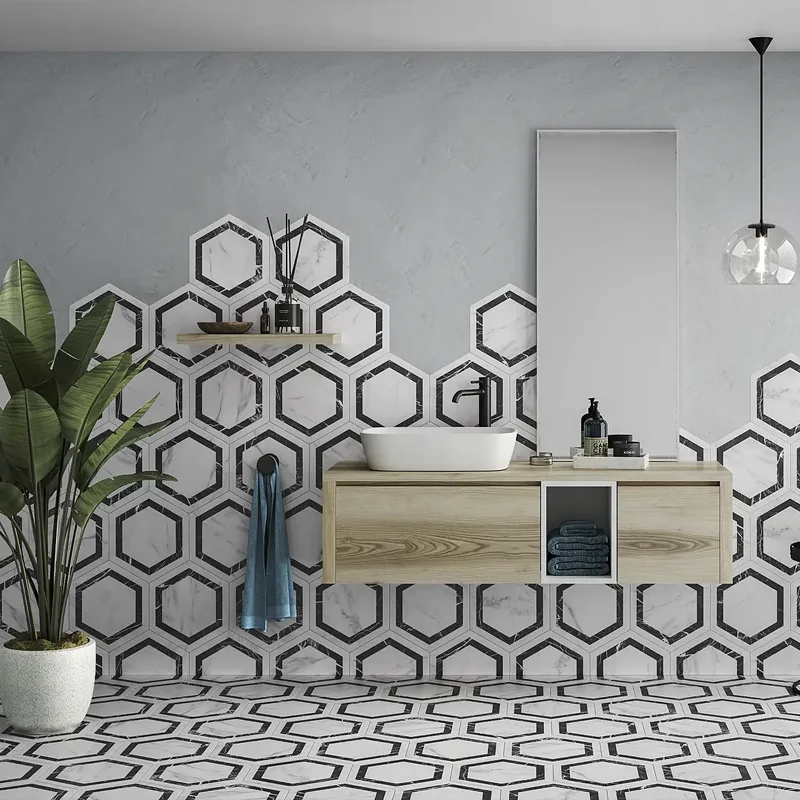 Área com azulejo preto e branco com forma hexagonal