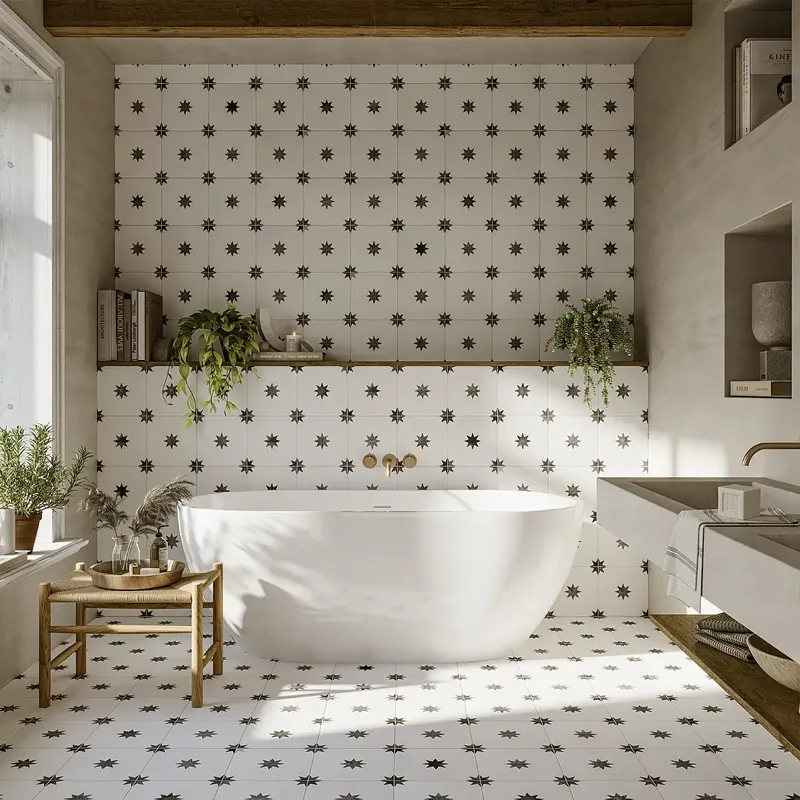 Bonita área com azulejo branco e preto