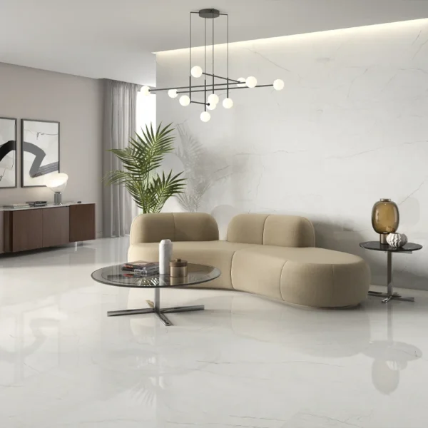 azulejo retificado elegante numa sala ampla e luminosa