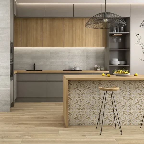 Foto de azulejo de cozinha moderna combinado em diferentes texturas frias e quentes.