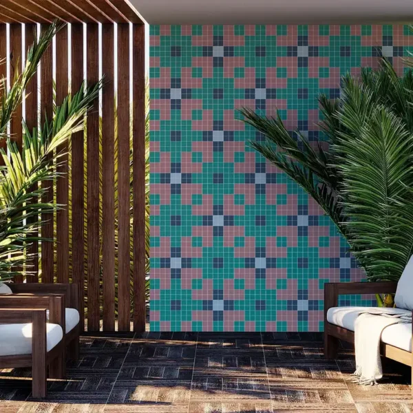 Ambiente acolhedor com parede de mosaico azulejo colorido