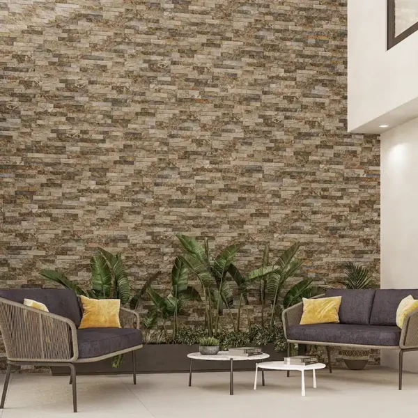 Bonita zona com azulejo que imita pedra de textura irregular