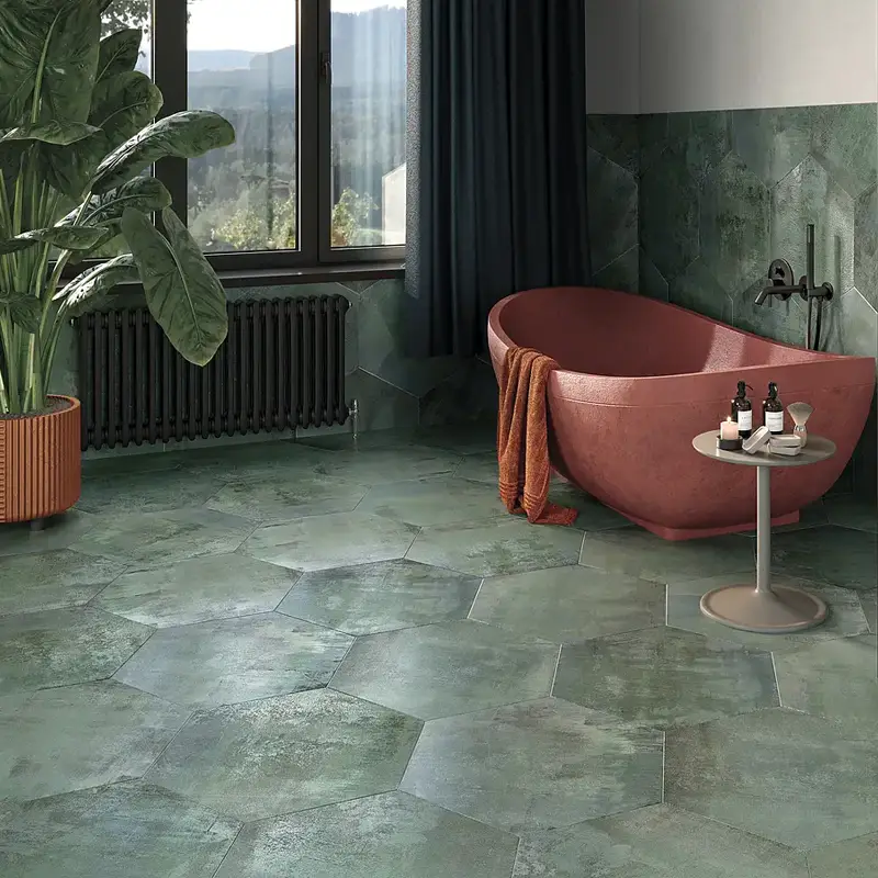 Pavimento em porcelânico verde hexagonal
